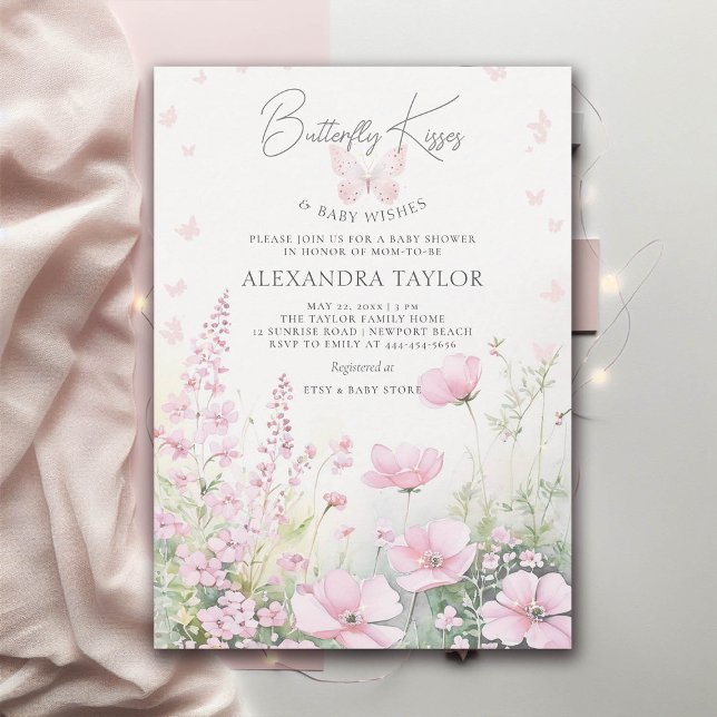Convites Borboleta Beija Flores Selvagens Rosa Chá (butterfly kisses pink wild flowers garden girl baby shower template)