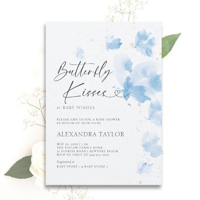 Convites Borboleta Beija Sonhadora Aquarela Chá Bebê (butterfly baby shower theme boy invitation watercolor whimsical dreamy blue garden party )