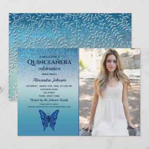 Convites Borboleta Brilhante Azul Quinceañera