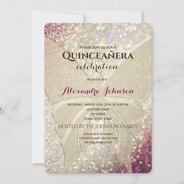 Convites Borboleta Brilhante Quinceañera (Frente)