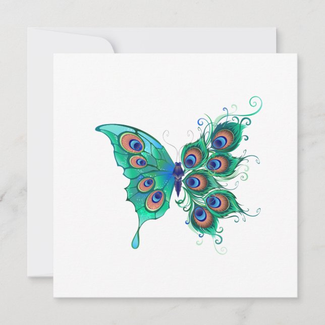 Convites Borboleta com Penas de Pavão Verde (Frente)