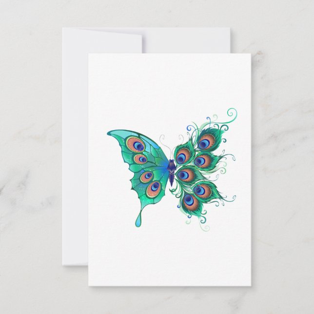 Convites Borboleta com Penas de Pavão Verde (Frente)