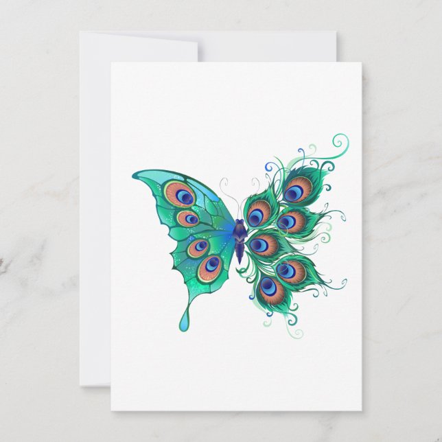 Convites Borboleta com Penas de Pavão Verde (Frente)