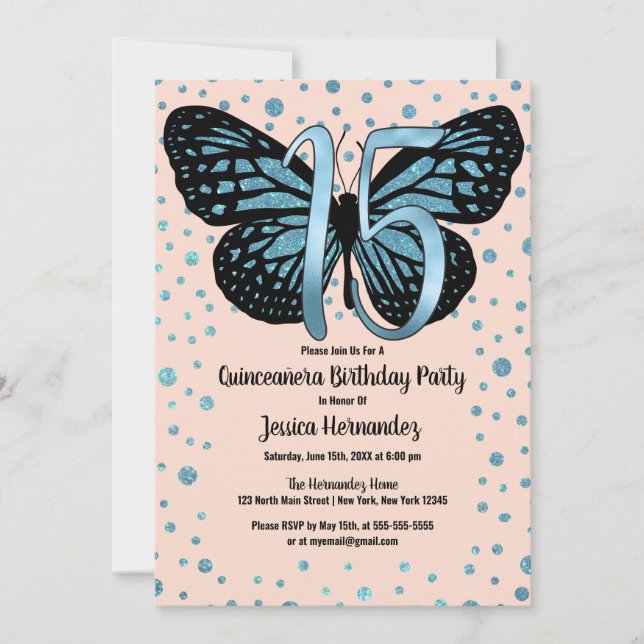 Convites Borboleta Cor-de-rosa azul Confetti Quinceañera (Frente)