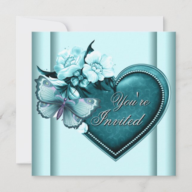 Convites Borboleta Coração Azul Turquesa Festa Azul Turques (Frente)