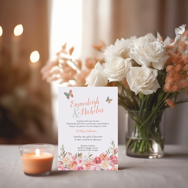 Convites Borboleta Coral Casamento Boho Floral (Criador carregado)