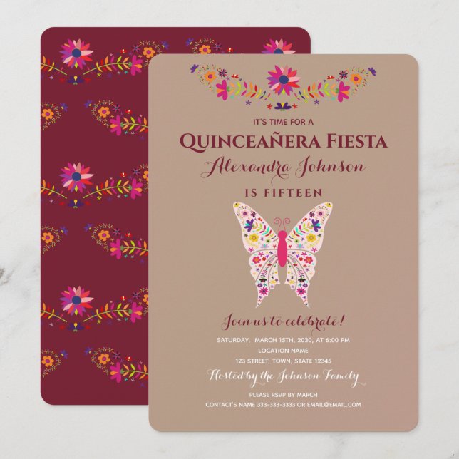 Convites Borboleta da Festa Mexicana Quinceañera (Frente/Verso)