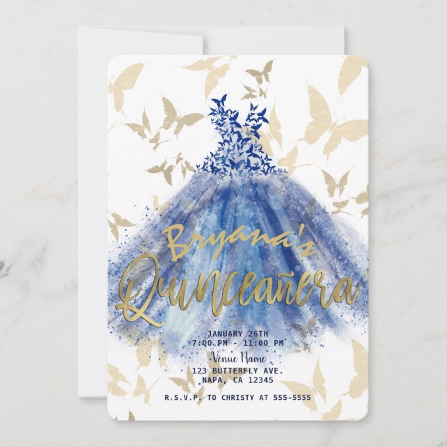 Convites Borboleta Dança Azul Vestido Dourado Quinceañera 1 (Frente)