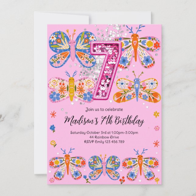 Convites Borboleta de 7 Birthday (Frente)