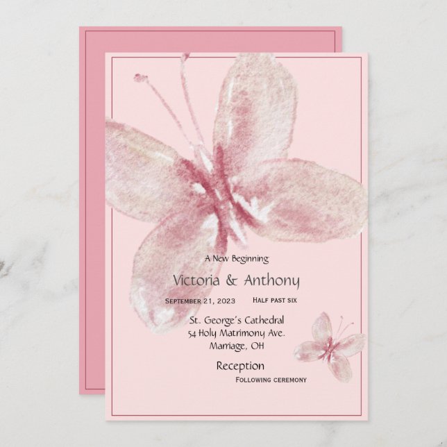 Convites Borboleta de Aquarela Rosa Elegante (Frente/Verso)