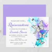 Borboleta de Aquarela Turquesa Roxo Quinceañera