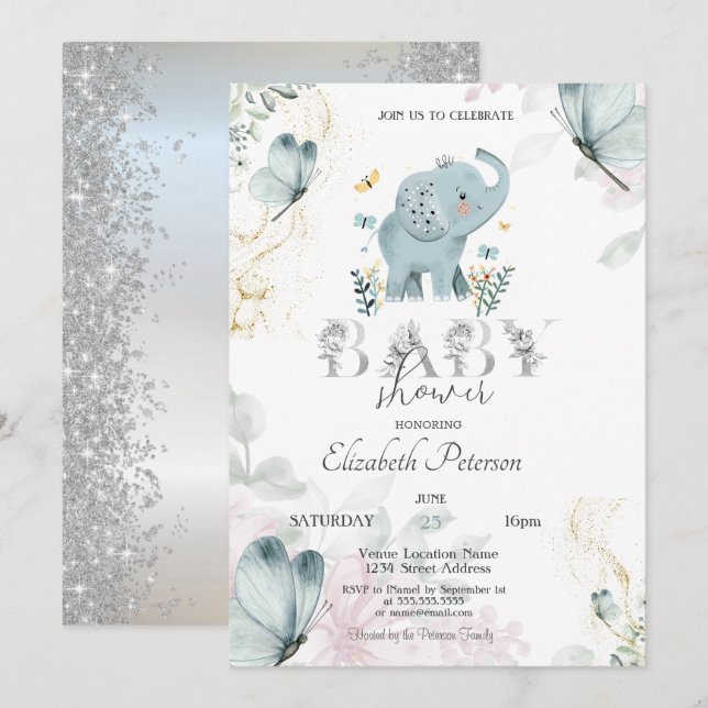 Convites Borboleta de Elefante Bebê Brilho Prata Chás de Be (Frente/Verso)