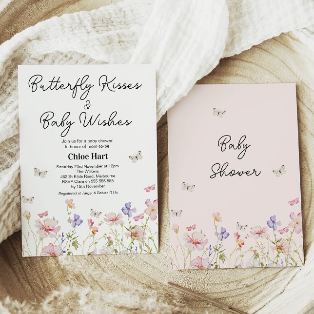 Convites Borboleta de Flor Selvagem Beija Chá de fraldas (Editable Wildflowers Butterfly Kisses and Baby Wishes Baby Shower Invitation,  Baby Shower Invite)