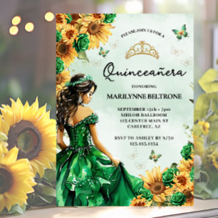 Convites Borboleta de girassol Princesa Verde Quinceañera