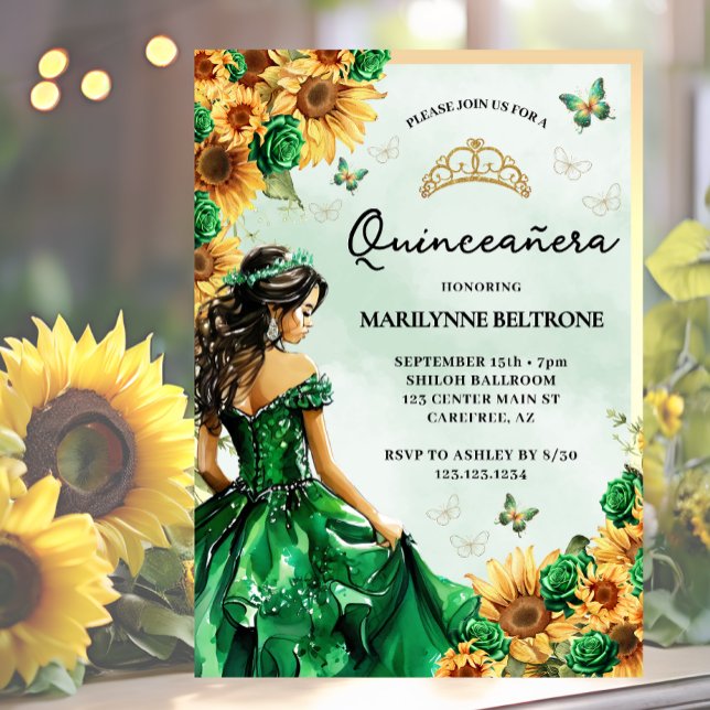 Convites Borboleta de girassol Princesa Verde Quinceañera (Criador carregado)