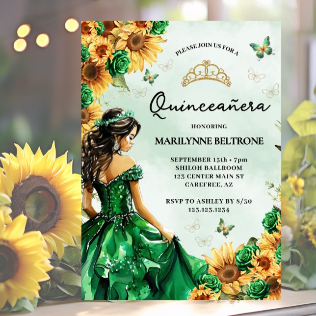 Convites Borboleta de Girassol Verde Princesa Quinceañera (Criador carregado)