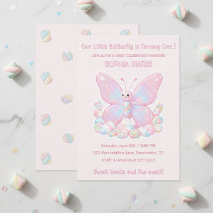 Convites Borboleta de Marshmallow Rosa Doce de 1º Aniversár