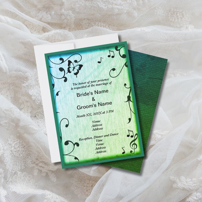 Convites Borboleta de Música Deixa Casamento de Madeira Ver (Music Butterfly Leaves Green Wood Wedding Invitation)
