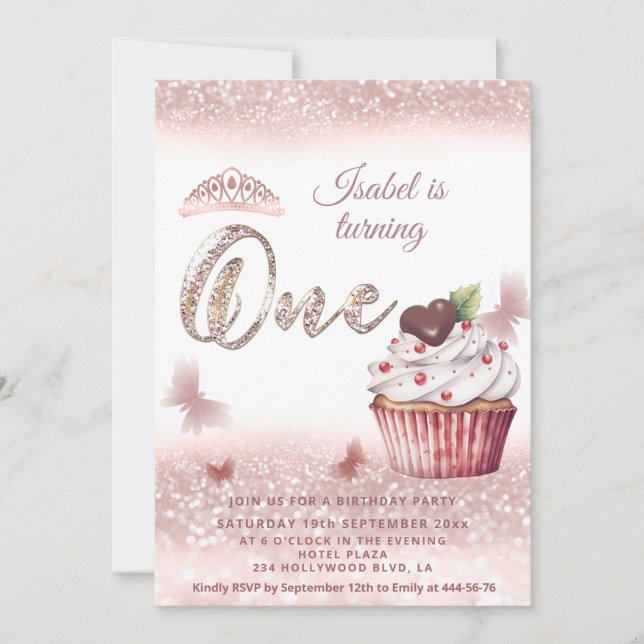 Convites Borboleta-de-ouro-Rosa de-Cupcake, branca, tiara (Frente)