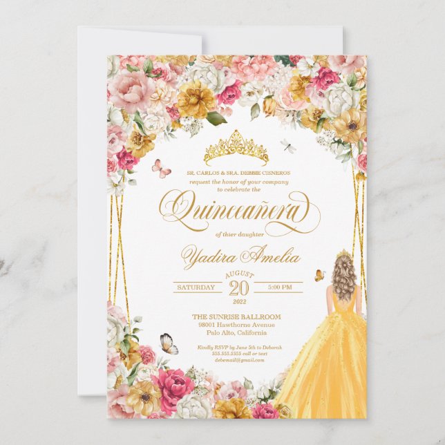 Convites  Borboleta De Quinceanera Blush Amarelo Cor-De-Ros (Frente)
