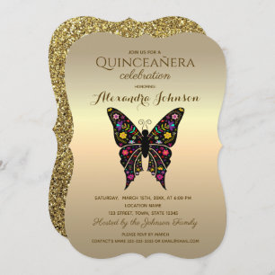 Convites Borboleta de Quinceanera Dourada e colorida
