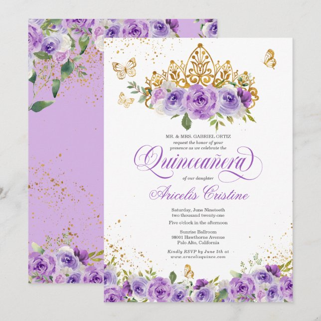 Convites Borboleta de Quinceañera e Flores de Aquarelas Rox (Frente/Verso)