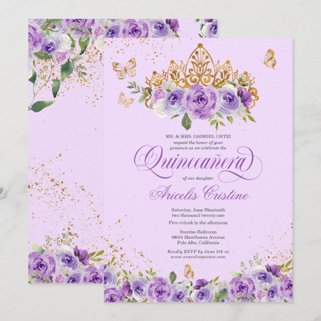 Convites Borboleta de Quinceañera e Flores de Aquarelas Rox (Frente/Verso)