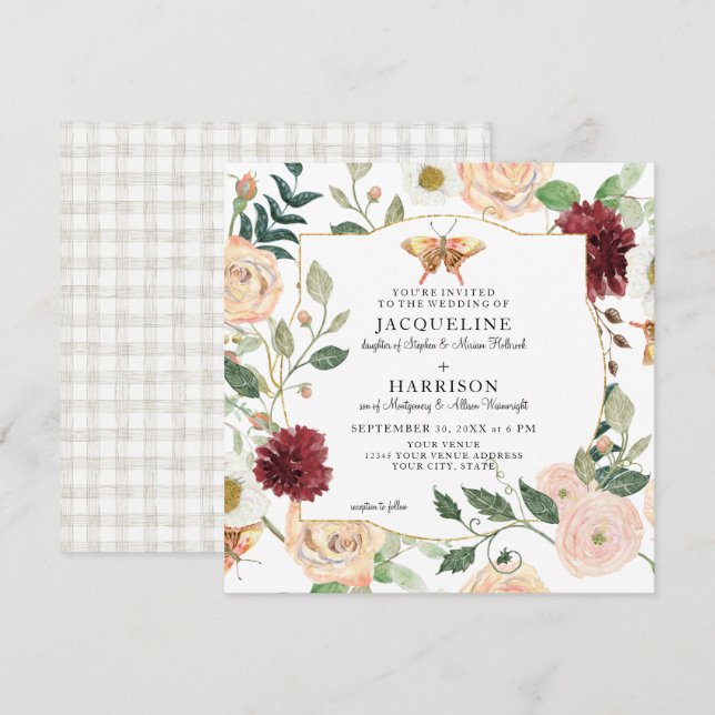 Convites Borboleta de Rosa de Coral Floral com Blush Mint (Frente/Verso)