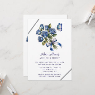 Convites Borboleta de Rosas Azuis Prata Brunch & Bubbly