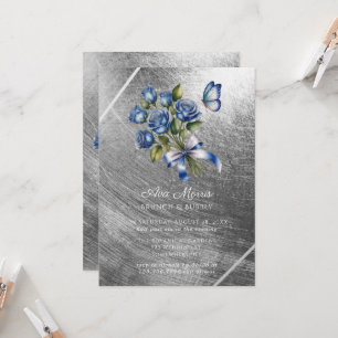 Convites Borboleta de Rosas Azuis Prata Brunch & Bubbly