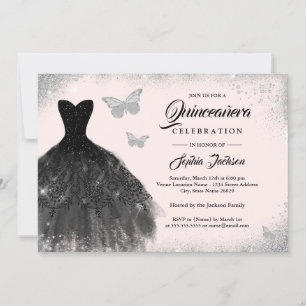Convites Borboleta de Vestido Preto Prateado Quinceanera