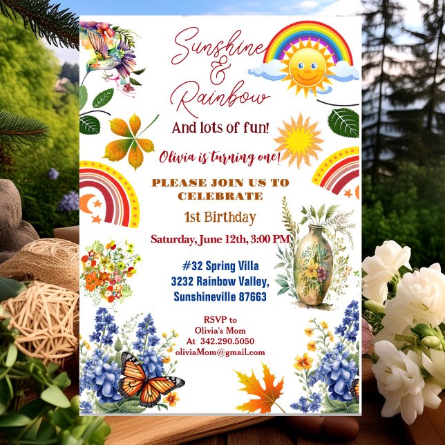 Convites Borboleta do Jardim do Arco-Primavera Sunshine Ani (Sunshine Rainbow Spring Garden Butterfly Birthday Invitation)