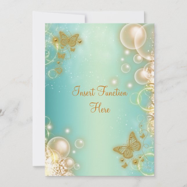 Convites Borboleta dourada azul-esverdeada noivado casament (Frente)