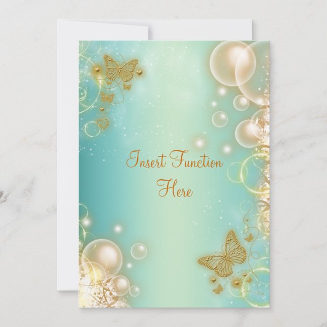 Convites Borboleta dourada azul-turquesa noivado casamento (Frente)