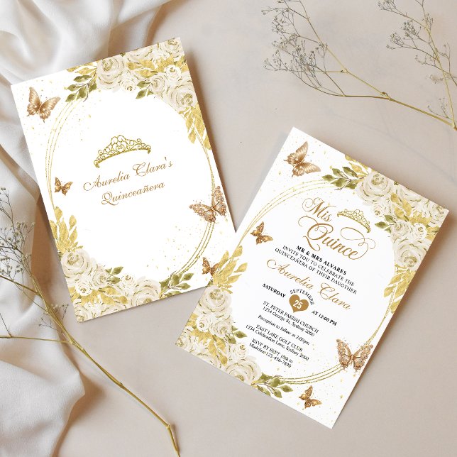 Convites Borboleta Dourada Branca Tiara Mis Quinceañera (Criador carregado)