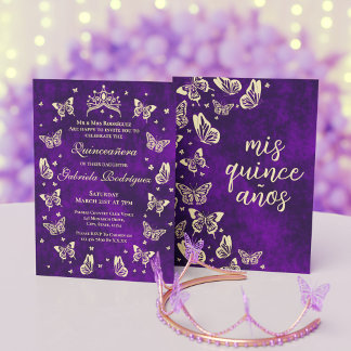 Convites Borboleta Dourada Elegante Quinceanera Tiara