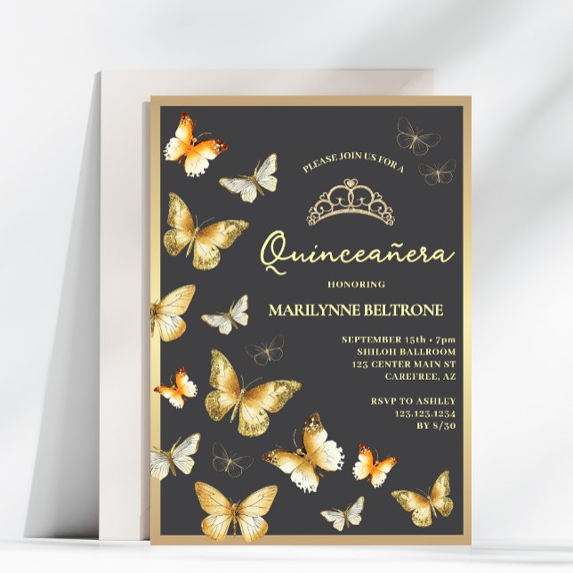 Convites Borboleta Dourada Elegante Tiara Quinceañera (Criador carregado)
