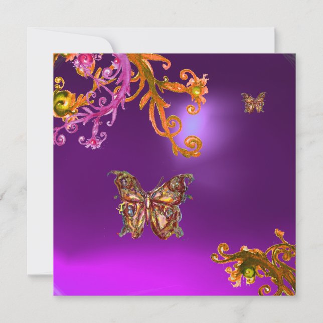CONVITES BORBOLETA DOURADA EM REDEMOINHOS FLORESCENTES ROXO (Frente)