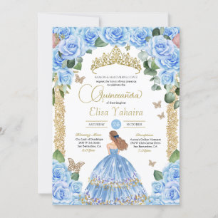 Convites Borboleta Dourada Floral Azul Clara Quinceañera