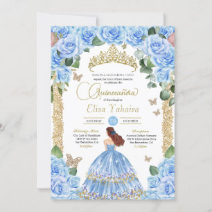 Convites Borboleta Dourada Floral Azul Clara Quinceañera