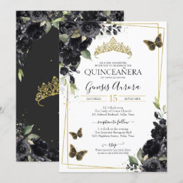 Convites Borboleta Dourada Floral Preta Quinceanera