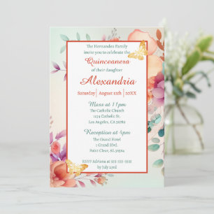 Convites Borboleta Dourada Floral Quinceanera