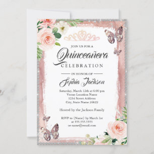 Convites Borboleta Dourada Floral Rosa Brilho Quinceanera