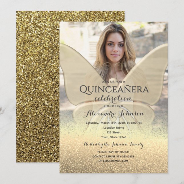 Convites Borboleta Dourada Foto Quinceañera (Frente/Verso)
