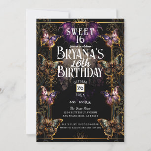 Convites Borboleta Dourada Gótica Fairytale e Bat Sweet 16