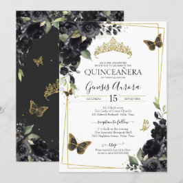 Convites Borboleta Dourada Preta Aquarela Quinceanera Flora