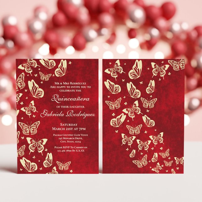 Convites Borboleta Dourada Red Burgundy Mis Quince 15 anos (Red Burgundy Gold Butterfly Mis Quince 15 birthday Invitation)