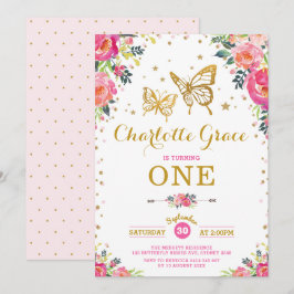 Convites Borboleta Dourada rosa Aniversário Floral