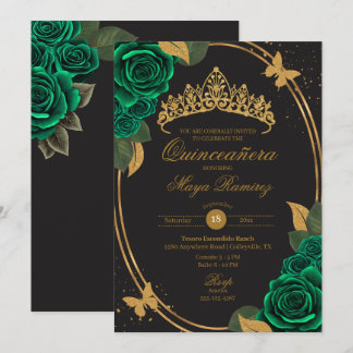 Convites Borboleta Dourada verde-branca Quinceañera