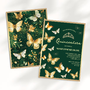 Convites Borboleta Dourada Verde Esmeralda Quinceañera